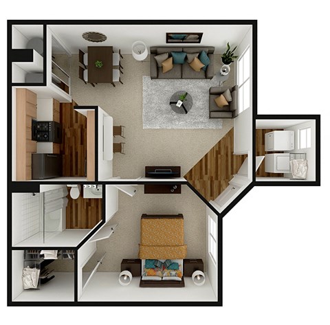 Floor plan for 1 bed, 1 bath, 645 sqft
